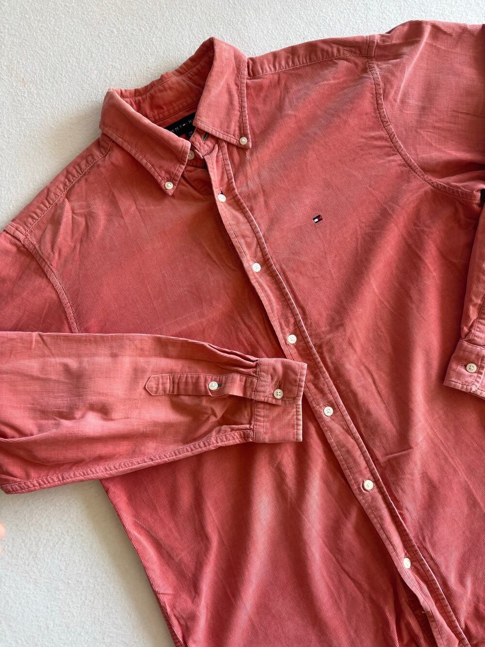 Vintage 90s Tommy Hilfiger Pinwhale Corduroy Button Up Top Men’s Medium Salmon